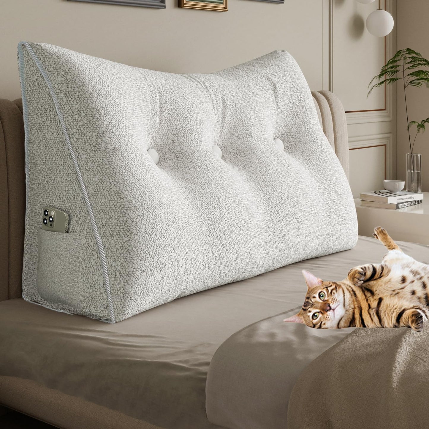 Bourkimi Queen Size Wedge Headboard Pillow with Side Pockets, Velvet Back Support Reading Pillow with Removable Washable Cover