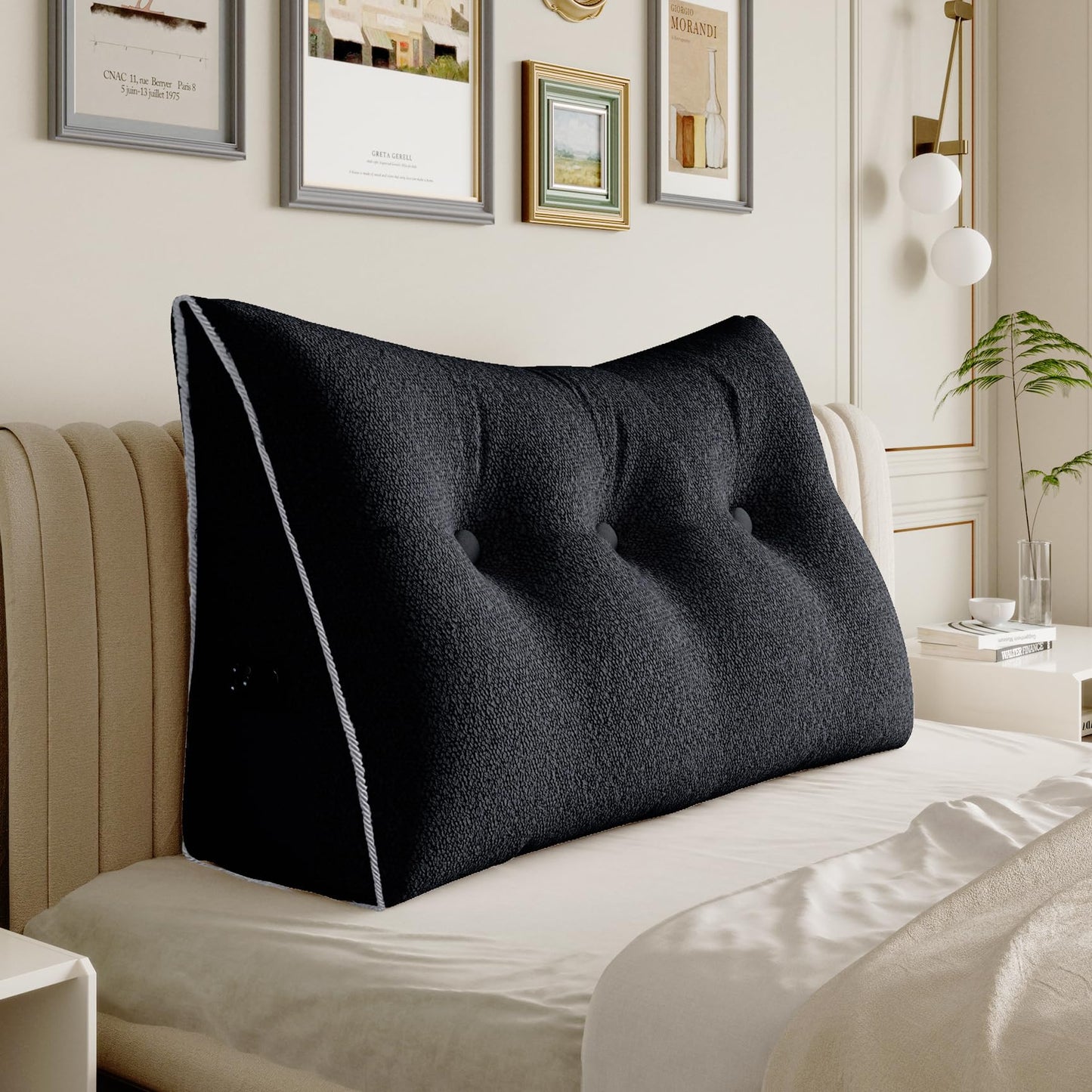 Bourkimi Queen Size Wedge Headboard Pillow with Side Pockets, Velvet Back Support Reading Pillow with Removable Washable Cover