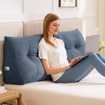Bourkimi Queen Size Wedge Headboard Pillow with Side Pockets, Tufted Back Support Reading Pillow with Removable Washable Cover