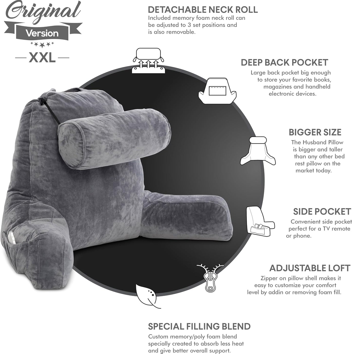 Bourkimi XX-Large Reading Pillow with Arms and Neck Roll, Shredded Memory Foam Bed Rest Pillow with Removable Cover and Side Pockets, Grey