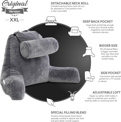 Bourkimi XX-Large Reading Pillow with Arms and Neck Roll, Shredded Memory Foam Bed Rest Pillow with Removable Cover and Side Pockets, Grey