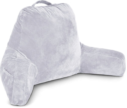 Bourkimi XX-Large Reading Pillow with Arms and Neck Roll, Shredded Memory Foam Bed Rest Pillow with Removable Cover and Side Pockets, Grey