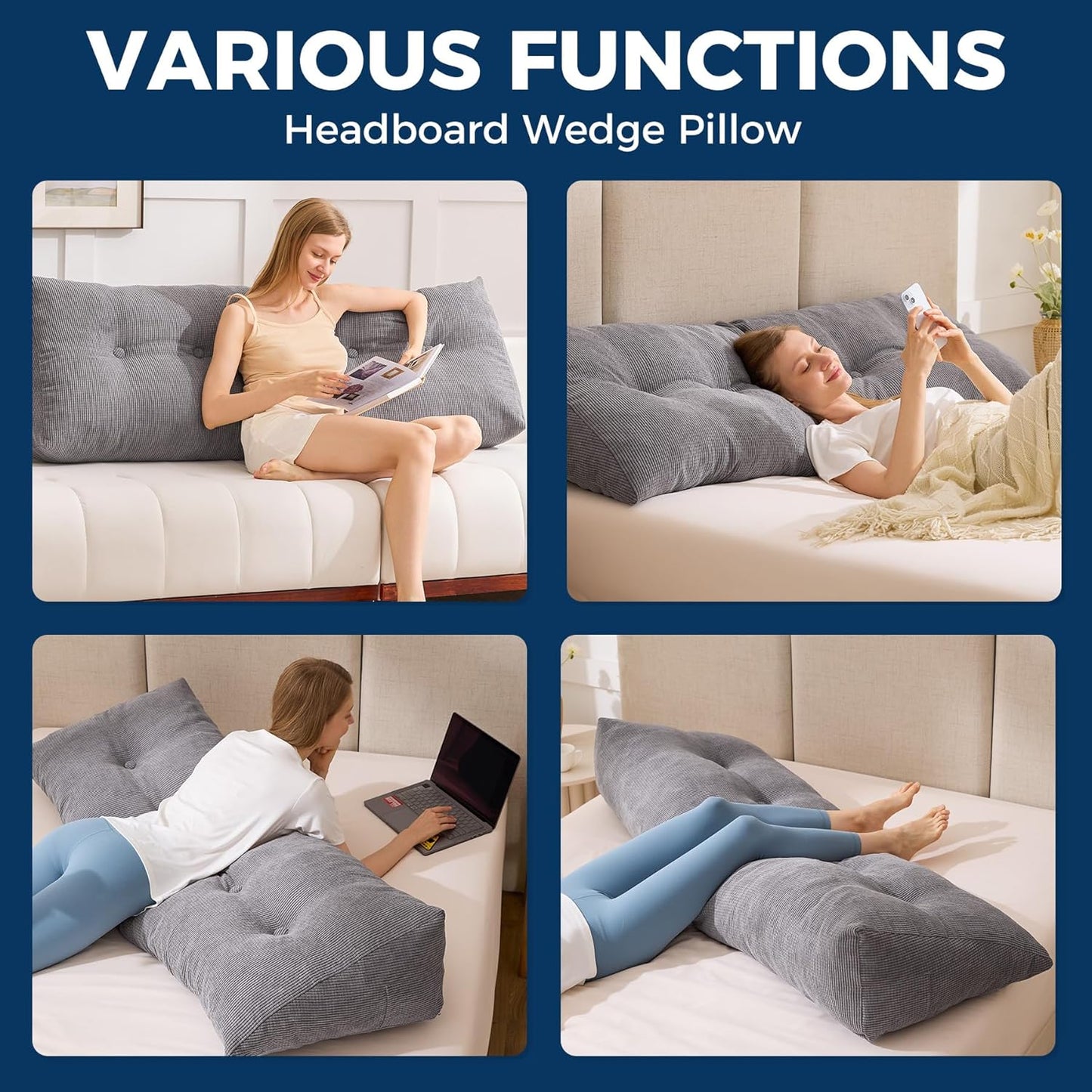 Bourkimi Queen Size Wedge Headboard Pillow with Side Pockets, Tufted Back Support Reading Pillow with Removable Washable Cover