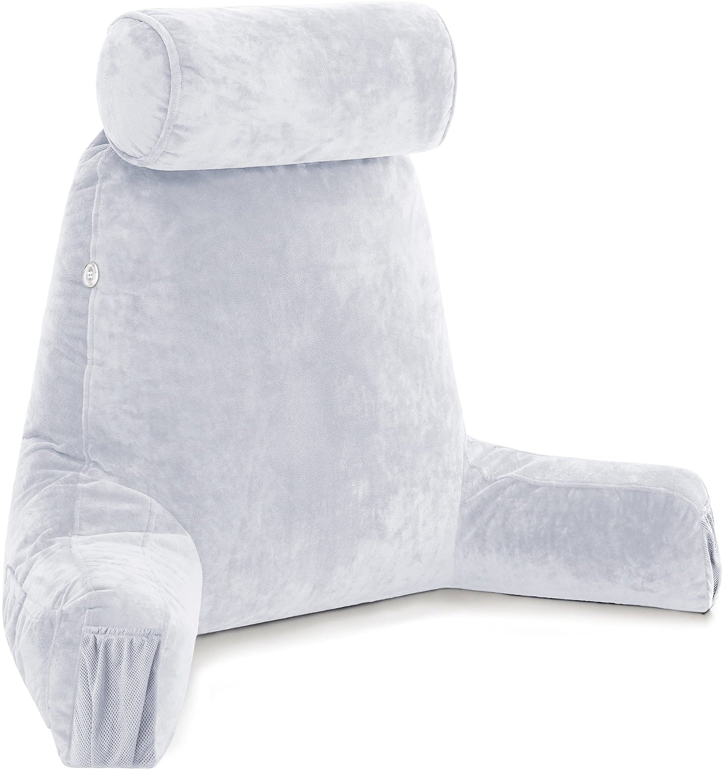Bourkimi XX-Large Reading Pillow with Arms and Neck Roll, Shredded Memory Foam Bed Rest Pillow with Removable Cover and Side Pockets, Grey