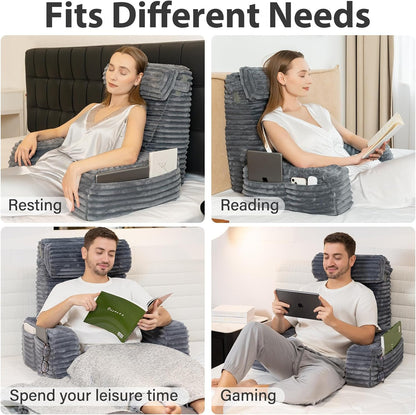 Bourkimi 60-Degree Wedge Reading Pillow with Faux Fur Cover, Side Pockets and Portable Handle, XL Bed Rest Back Support Pillow