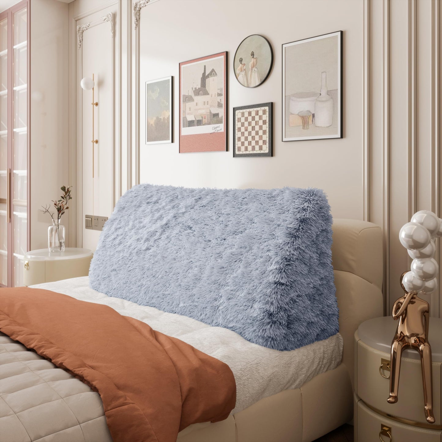 Bourkimi Queen Size Wedge Headboard Pillow with Side Pockets, Velvet Back Support Reading Pillow with Removable Washable Cover