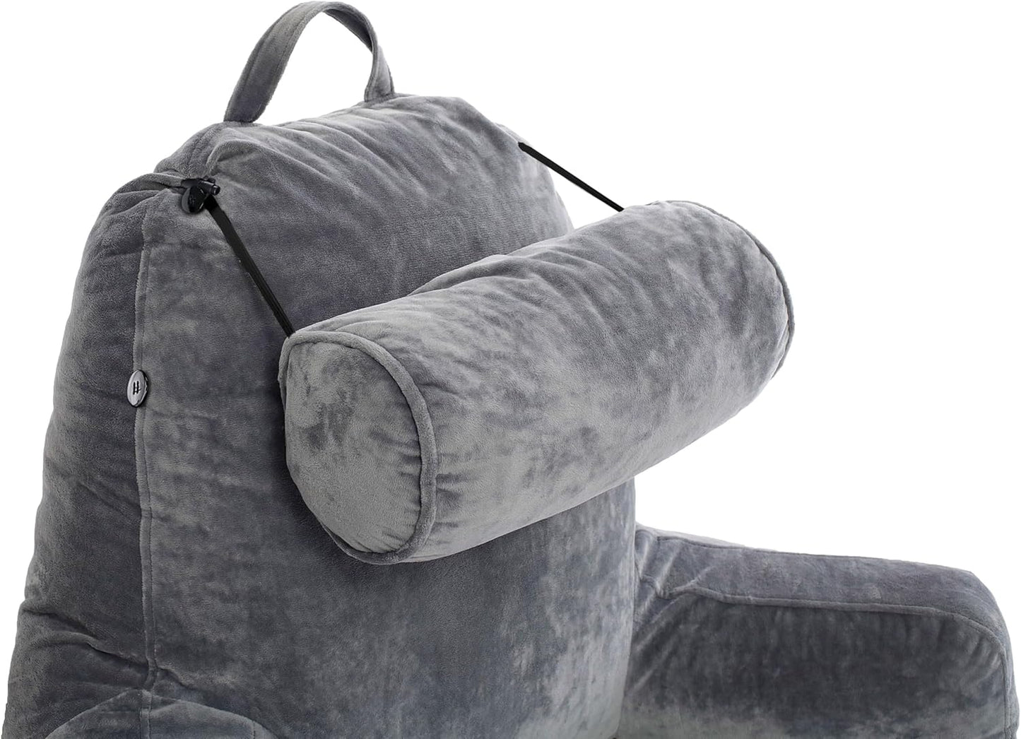 Bourkimi XX-Large Reading Pillow with Arms and Neck Roll, Shredded Memory Foam Bed Rest Pillow with Removable Cover and Side Pockets, Grey