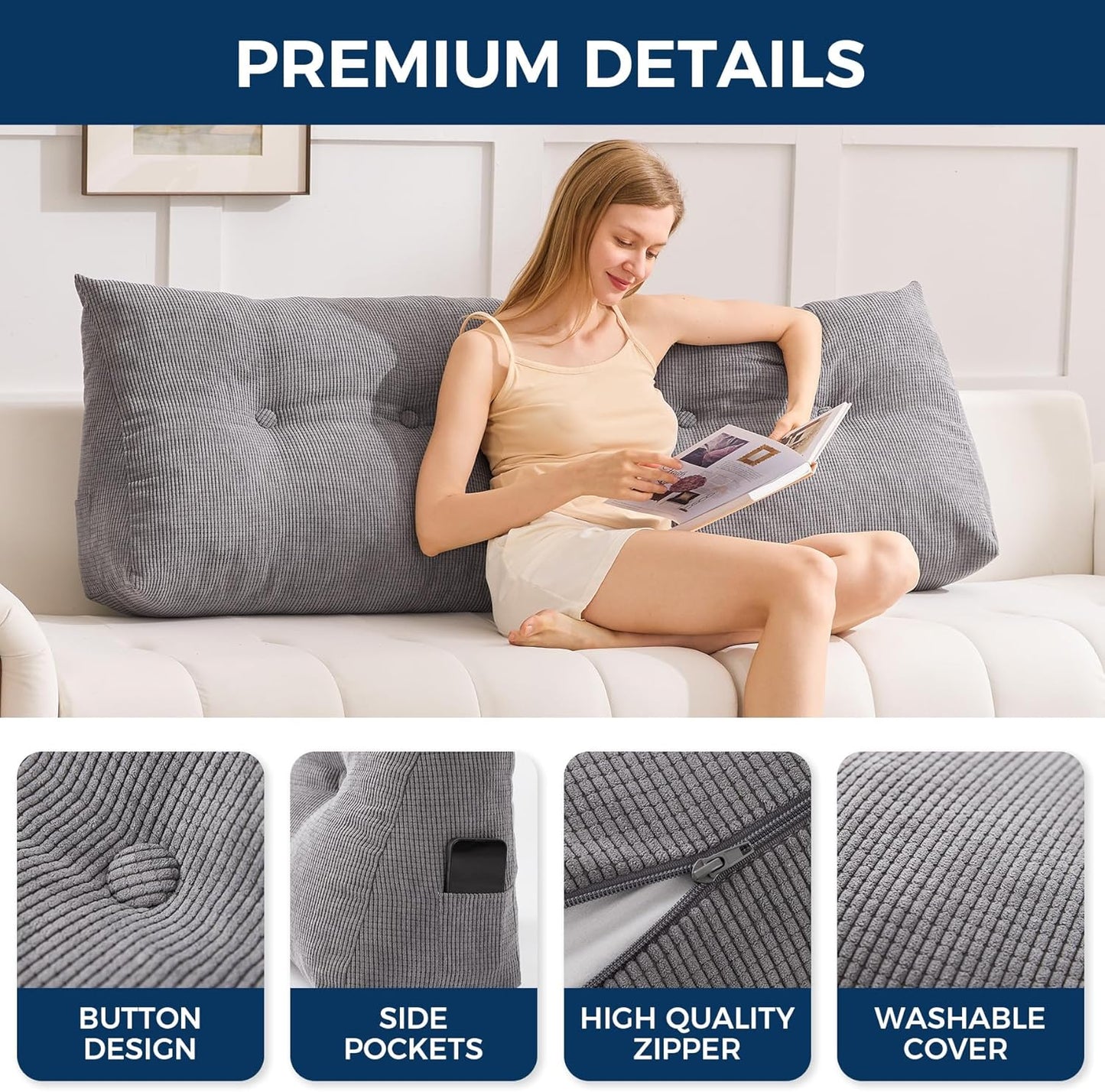 Bourkimi Queen Size Wedge Headboard Pillow with Side Pockets, Tufted Back Support Reading Pillow with Removable Washable Cover