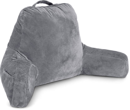 Bourkimi XX-Large Reading Pillow with Arms and Neck Roll, Shredded Memory Foam Bed Rest Pillow with Removable Cover and Side Pockets, Grey