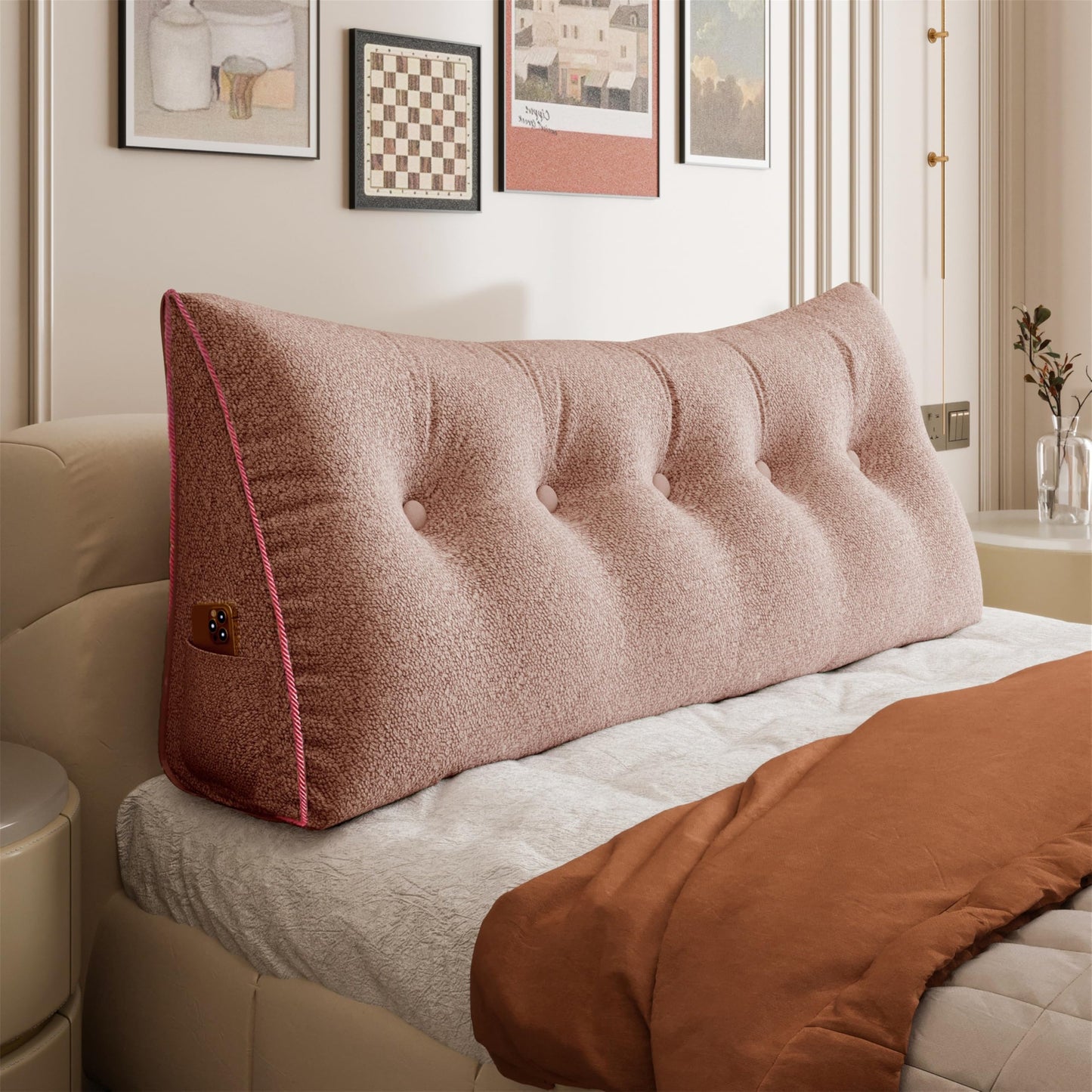 Bourkimi Queen Size Wedge Headboard Pillow with Side Pockets, Velvet Back Support Reading Pillow with Removable Washable Cover