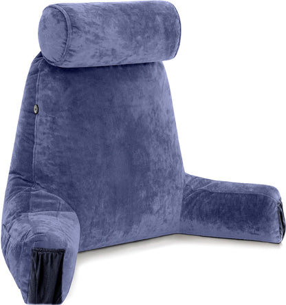 Bourkimi XX-Large Reading Pillow with Arms and Neck Roll, Shredded Memory Foam Bed Rest Pillow with Removable Cover and Side Pockets, Grey