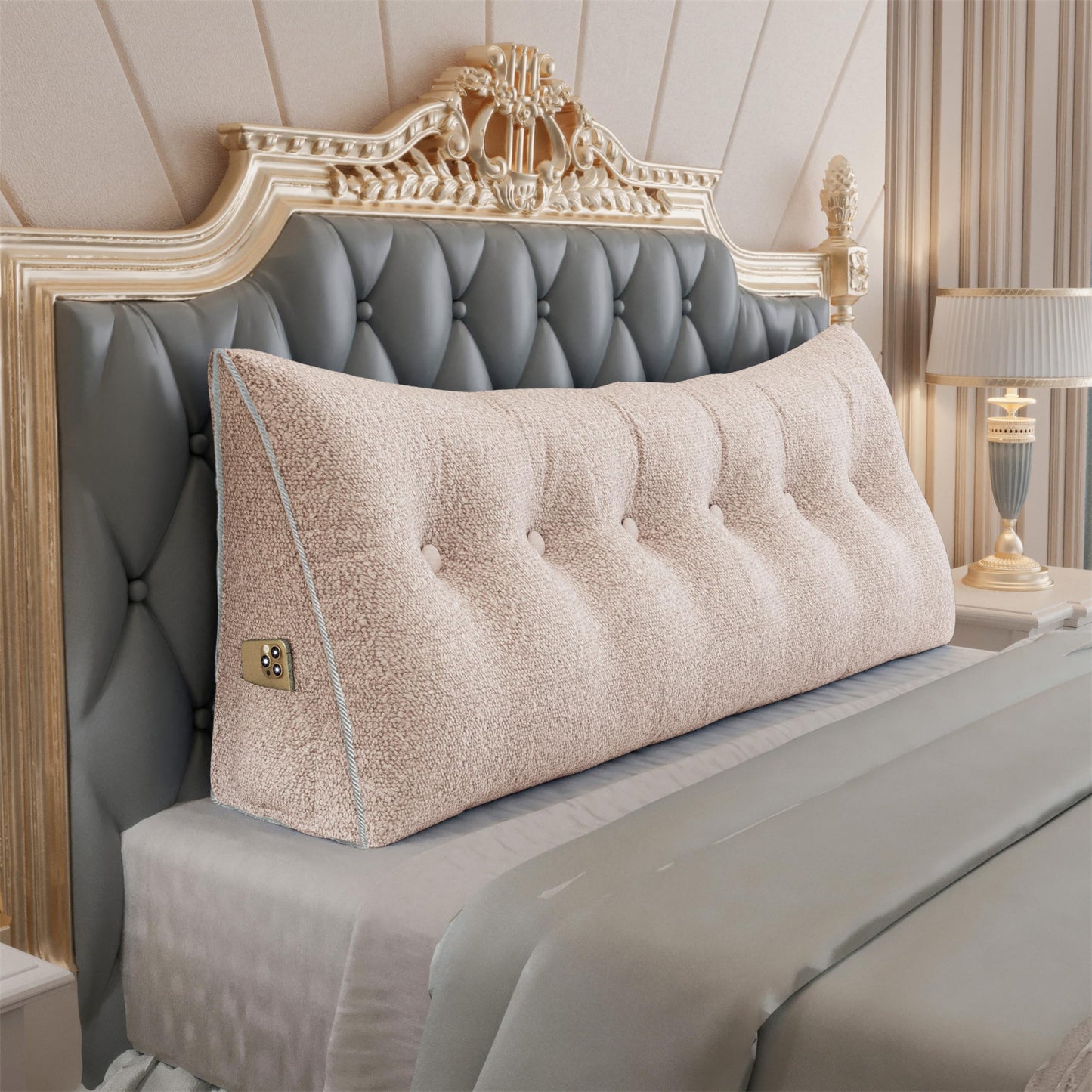 Bourkimi Queen Size Wedge Headboard Pillow with Side Pockets, Velvet Back Support Reading Pillow with Removable Washable Cover