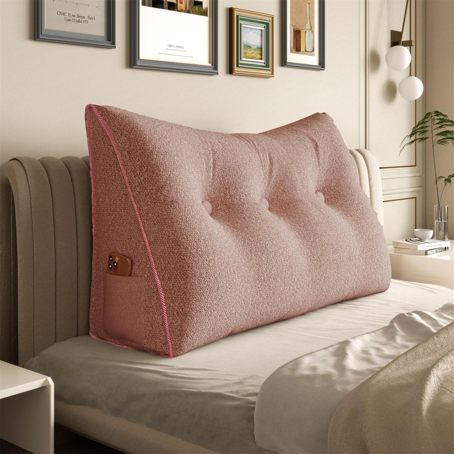 Bourkimi Queen Size Wedge Headboard Pillow with Side Pockets, Velvet Back Support Reading Pillow with Removable Washable Cover