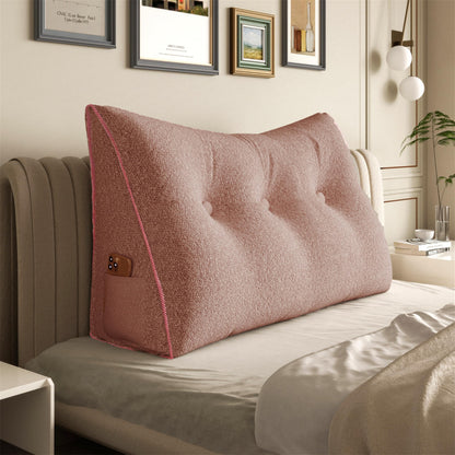 Bourkimi Queen Size Wedge Headboard Pillow with Side Pockets, Velvet Back Support Reading Pillow with Removable Washable Cover