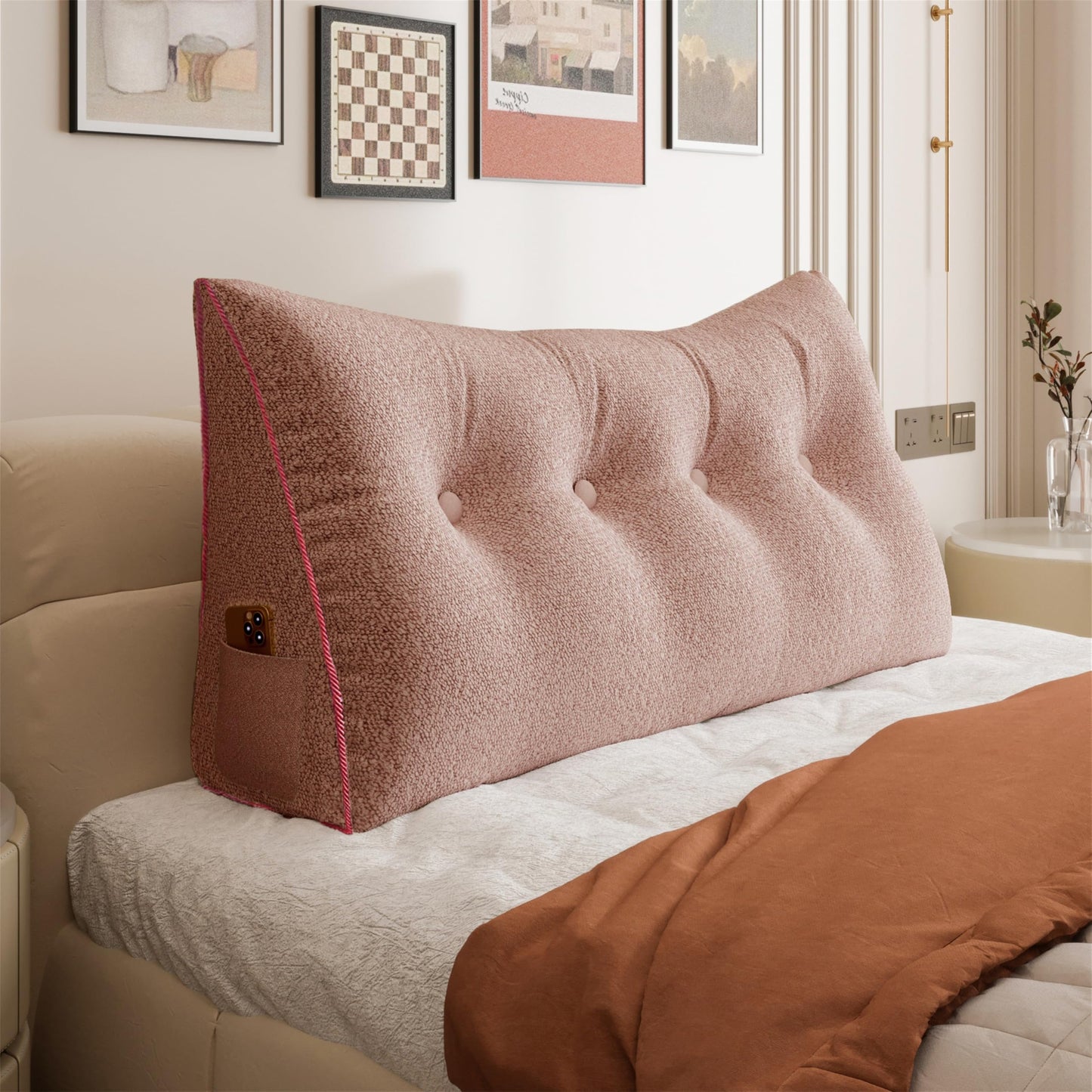 Bourkimi Queen Size Wedge Headboard Pillow with Side Pockets, Velvet Back Support Reading Pillow with Removable Washable Cover