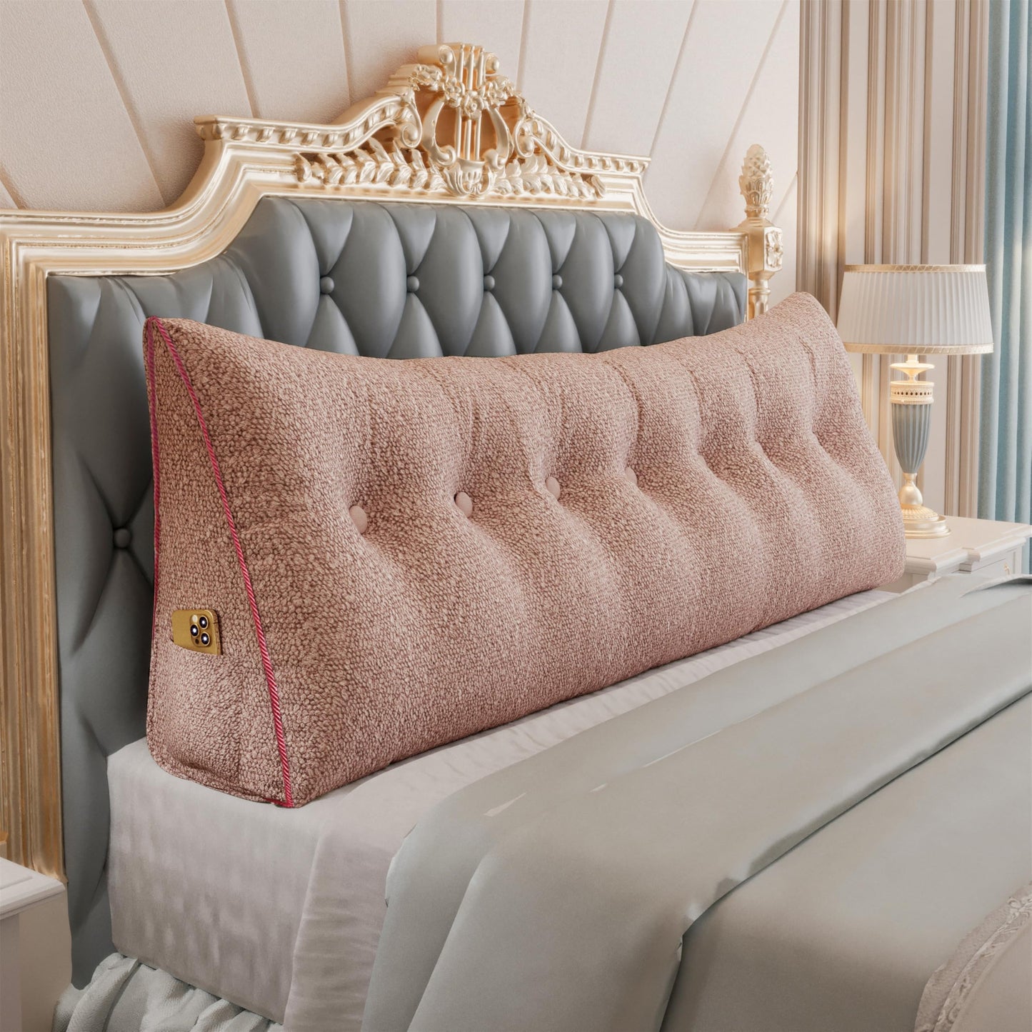 Bourkimi Queen Size Wedge Headboard Pillow with Side Pockets, Velvet Back Support Reading Pillow with Removable Washable Cover