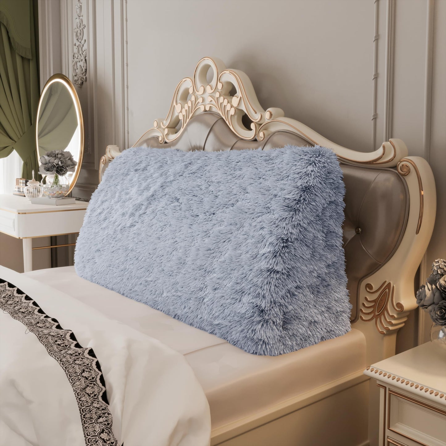 Bourkimi Queen Size Wedge Headboard Pillow with Side Pockets, Velvet Back Support Reading Pillow with Removable Washable Cover