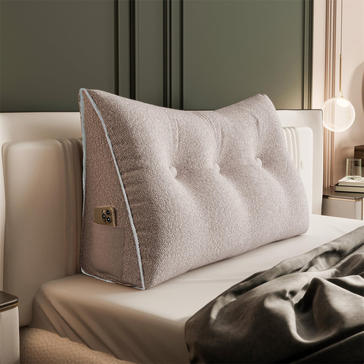 Bourkimi Queen Size Wedge Headboard Pillow with Side Pockets, Velvet Back Support Reading Pillow with Removable Washable Cover