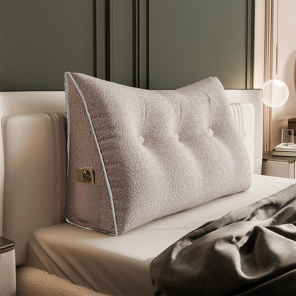 Bourkimi Queen Size Wedge Headboard Pillow with Side Pockets, Velvet Back Support Reading Pillow with Removable Washable Cover