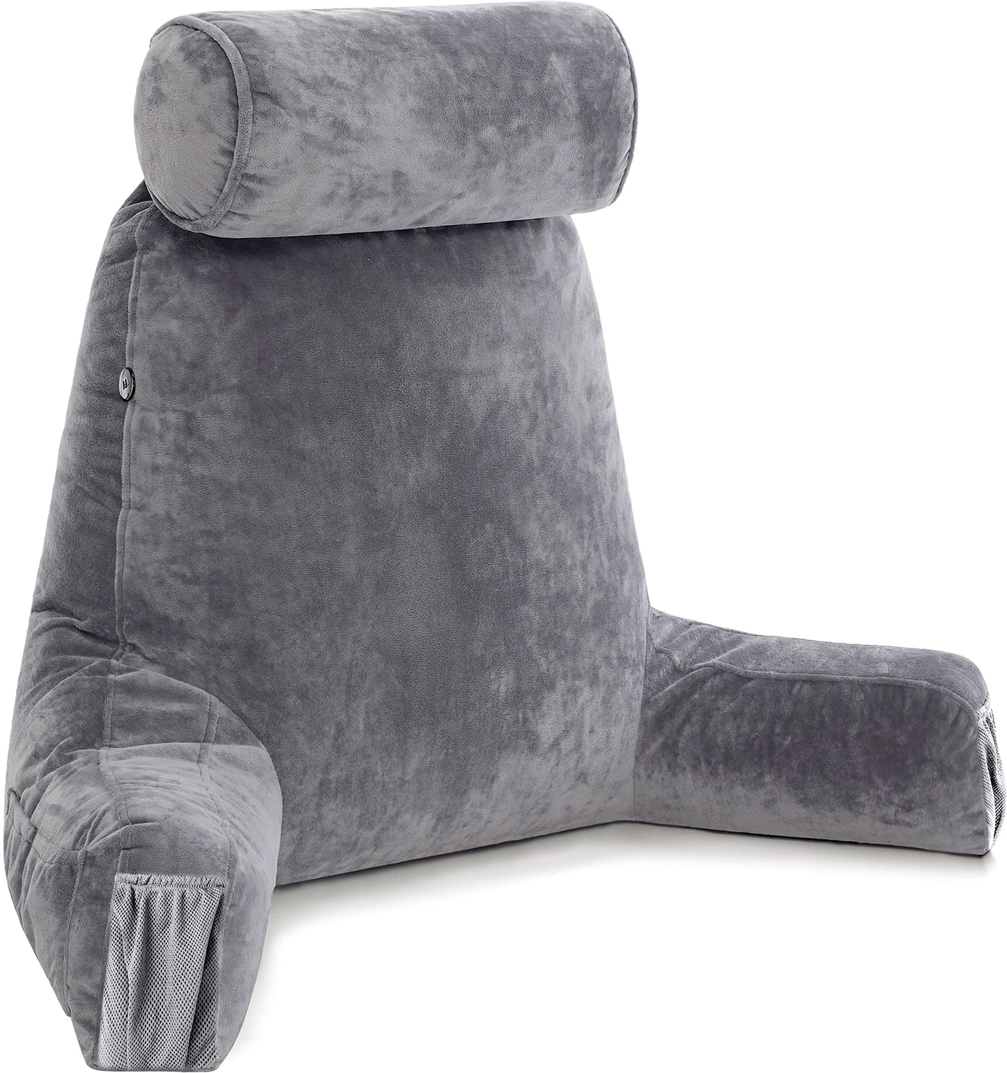 Bourkimi XX-Large Reading Pillow with Arms and Neck Roll, Shredded Memory Foam Bed Rest Pillow with Removable Cover and Side Pockets, Grey