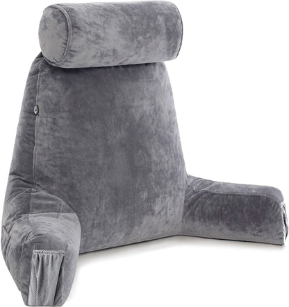 Bourkimi XX-Large Reading Pillow with Arms and Neck Roll, Shredded Memory Foam Bed Rest Pillow with Removable Cover and Side Pockets, Grey