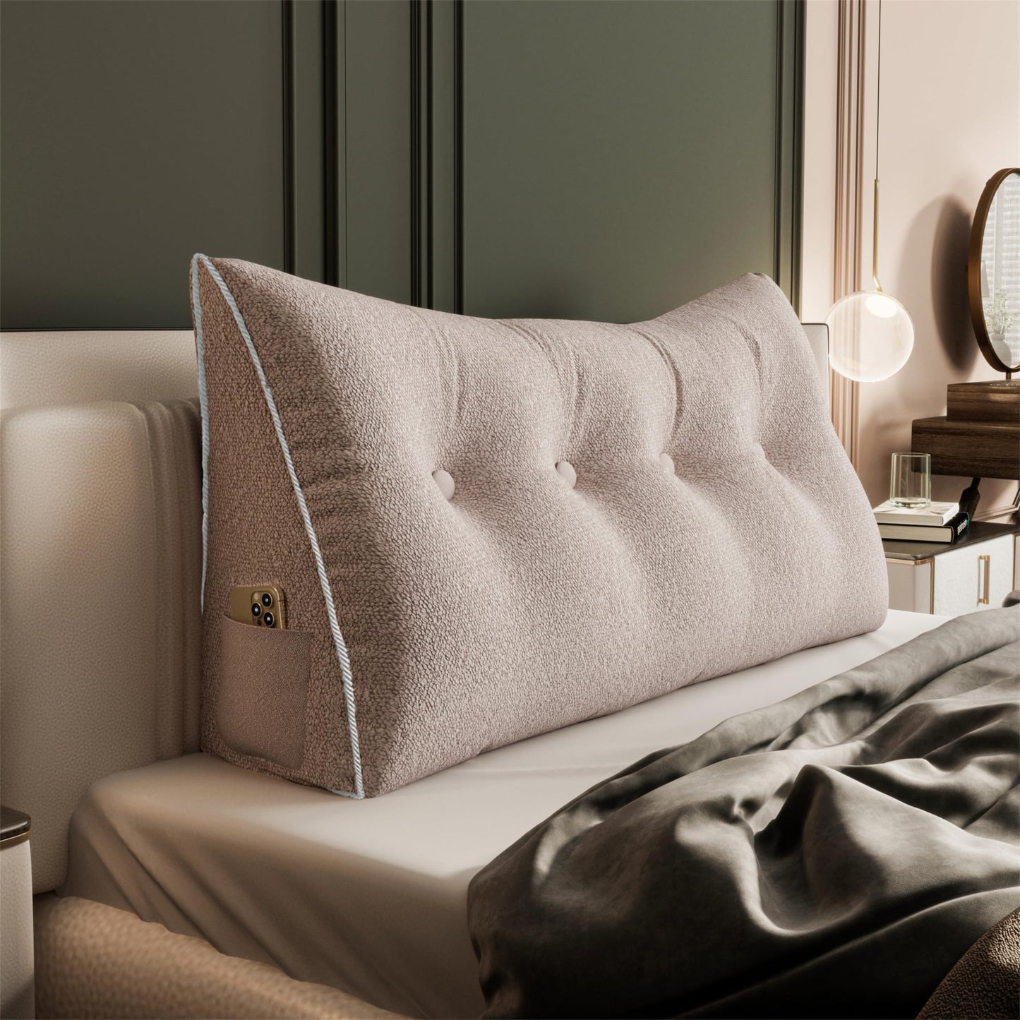 Bourkimi Queen Size Wedge Headboard Pillow with Side Pockets, Velvet Back Support Reading Pillow with Removable Washable Cover