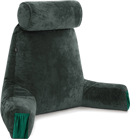 Bourkimi XX-Large Reading Pillow with Arms and Neck Roll, Shredded Memory Foam Bed Rest Pillow with Removable Cover and Side Pockets, Grey